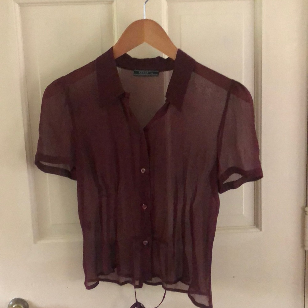 Prada burgundy sheer silk button down dress shirt. With waist tie.